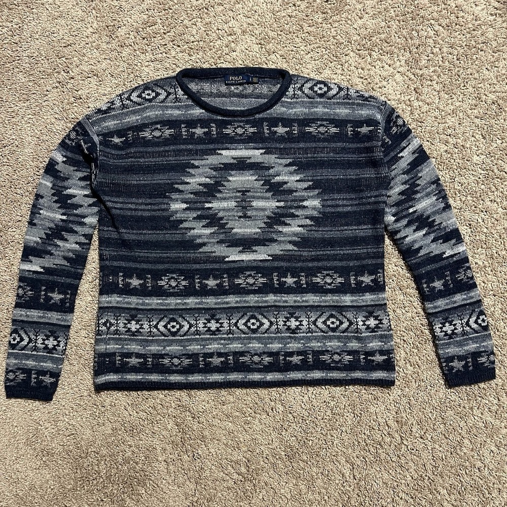Polo Ralph Lauren Roll Neck Cotton Linen Blend Sweater Women's Large? Blue Aztec